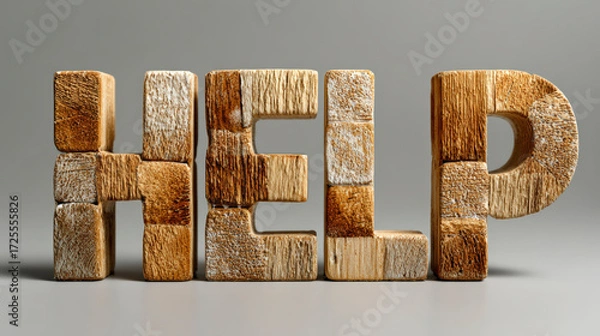 Fototapeta The word "HELP" sculpted in bold, textured wooden letters against a neutral gray background.