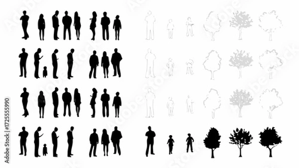 Obraz Diverse group of people outlines and silhouettes with trees add dimension to architectural plans and illustrations, perfect for urban planning projects