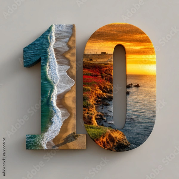 Fototapeta Number 10 overlaid with contrasting images: a foamy ocean shoreline on the left and a sunny cliffside landscape on the right.