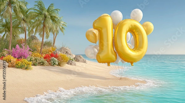 Fototapeta Golden number "10" balloons floating on a serene beach with palm trees, colorful flowers, and crystal-blue water.