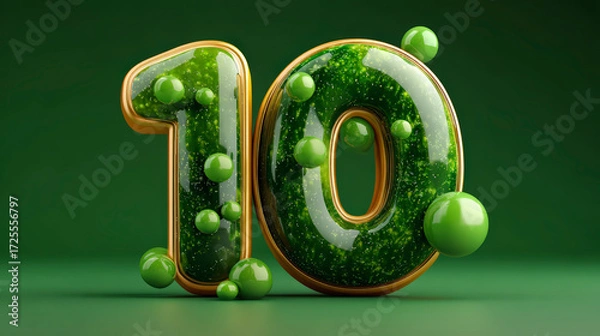 Fototapeta The number 10 depicted in a glossy, green texture with small spheres, set against a green background.