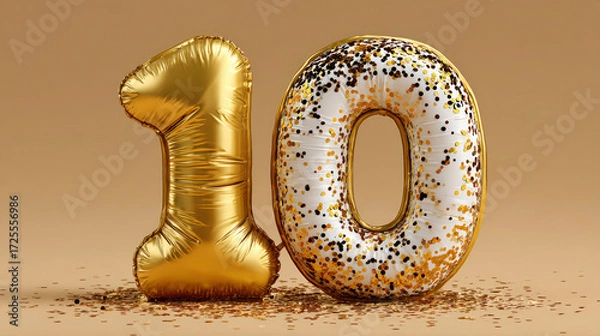Fototapeta Golden "1" and a donut-shaped "0" balloon with a sprinkled pattern against a neutral background, symbolizing a festive occasion or anniversary.