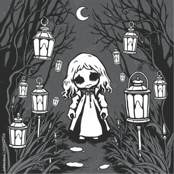 Fototapeta A haunted doll lurking in the shadows in a dark enchanted garden surrounded by rusty lanterns.