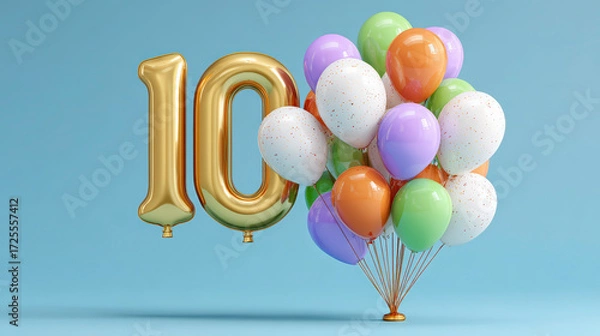 Fototapeta A large golden "10" balloon accompanied by a colorful cluster of purple, green, and white balloons against a soft blue background.