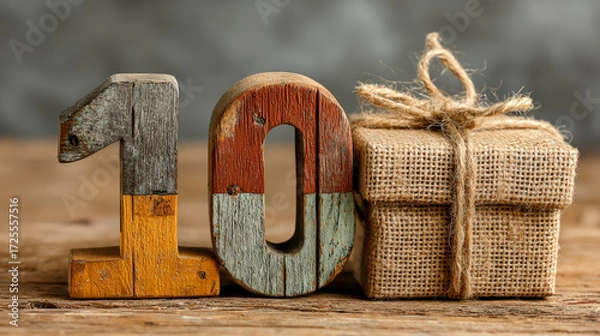 Fototapeta Wooden number 10 beside two small burlap-wrapped gift boxes tied with twine, suggesting a rustic, celebratory theme of anniversary or milestone.
