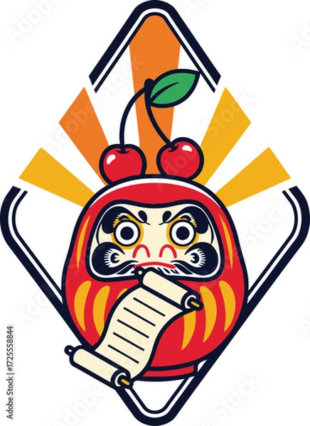 Fototapeta Daruma Doll with Cherries and Scroll: A Symbol of Good Fortune.