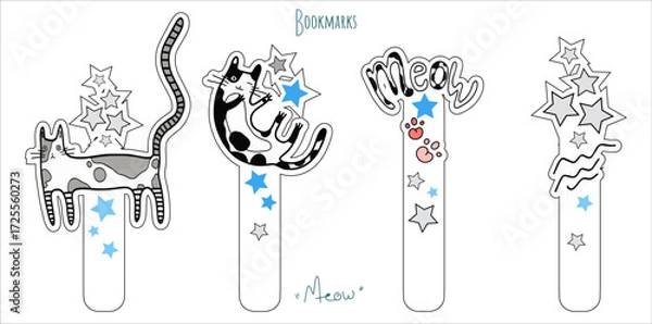 Fototapeta A set of book bookmarks with cute cats, inscriptions and stars. Fashionable accessories for school and hobbies. Vector.