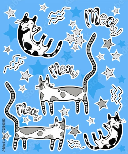 Fototapeta A set of stickers with cute cats and stars with inscriptions on a colored blue background. Vector.