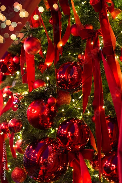 Fototapeta Merry christmas card. Winter holiday theme. Happy New Year. Christmas tree branches with red decorations, balls, garlands, bokeh. Postcard