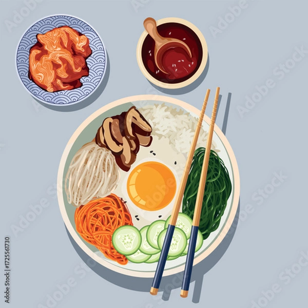 Obraz A captivating vector square poster featuring a delicious lunch or breakfast meal rendered in an authentic Asian style. This minimalist and appetizing design is perfect for restaurant menus, food blogs