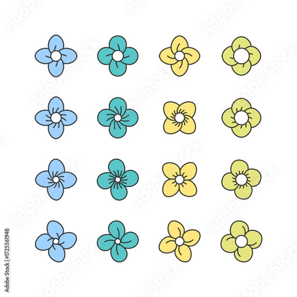 Fototapeta Wild flower symbol. Big set of 16 geometric shape. Four leaf flower bud.