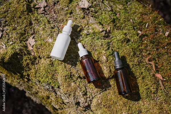 Fototapeta A dark and light glass serum bottle with a dropper, tree bark wood, moss. forest on a sunny day nature background. Concept of skin care, hydration, cosmetic demonstration eco-friendly product mock up