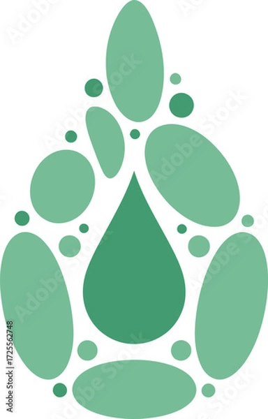 Fototapeta Stylized Green Water Drop with Surrounding Bubbles and Ovals.