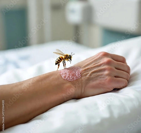 Fototapeta Honey bee on a human arm with a wound in a hospital room