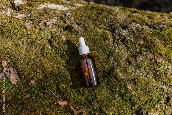 Fototapeta A dark and light glass serum bottle with a dropper, tree bark wood, moss. forest on a sunny day nature background. Concept of skin care, hydration, cosmetic demonstration eco-friendly product mock up