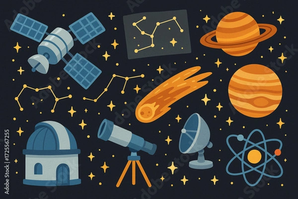 Fototapeta Cartoon Space Exploration Elements on Dark Background with Bright Astronomy Icons