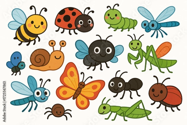 Fototapeta Cartoon Insect and Creature Illustration with Expressive Faces and Vibrant Nature Styling
