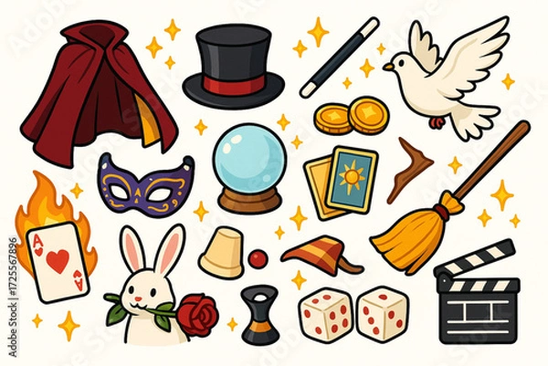 Fototapeta Cartoon Magic Performance Elements with Whimsical Props and Vibrant Fantasy Styling