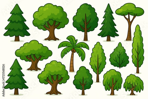Fototapeta Cartoon Tree Illustration Featuring Diverse Species with Unique Shapes and Vibrant Foliage