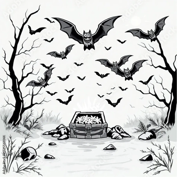 Fototapeta A bat swarm guarding a hidden treasure in a foggy riverbank surrounded by haunted portraits.