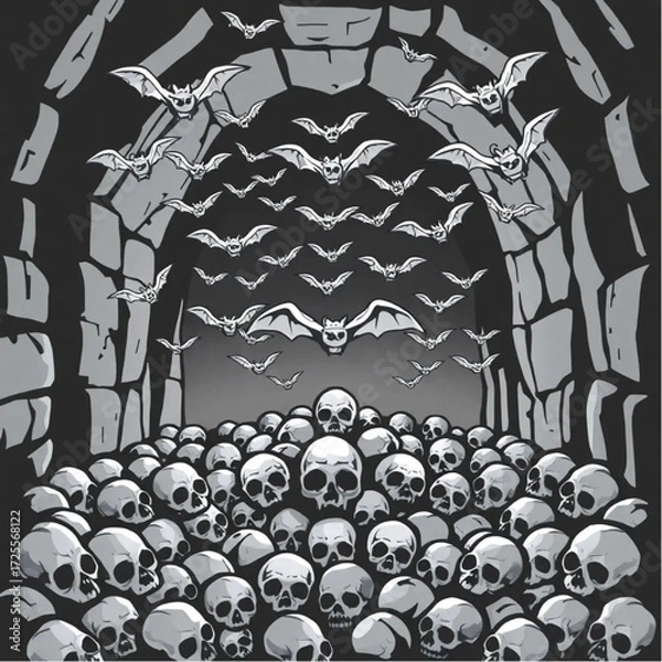 Fototapeta A bat swarm gathering for a midnight ritual in a ancient crypt surrounded by pile of skulls.