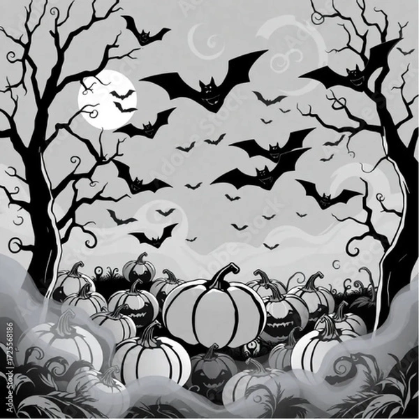 Fototapeta A bat swarm gathering for a midnight ritual in a twisted pumpkin forest surrounded by swirling mist.