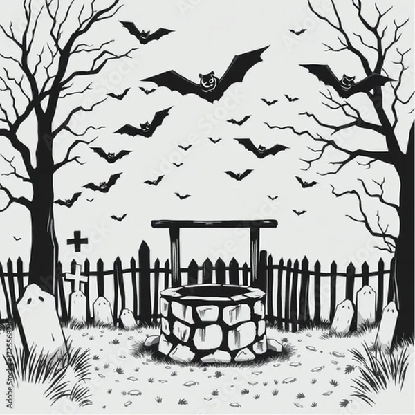 Fototapeta A bat swarm floating near the old well in a foggy graveyard surrounded by creaking wooden gate.