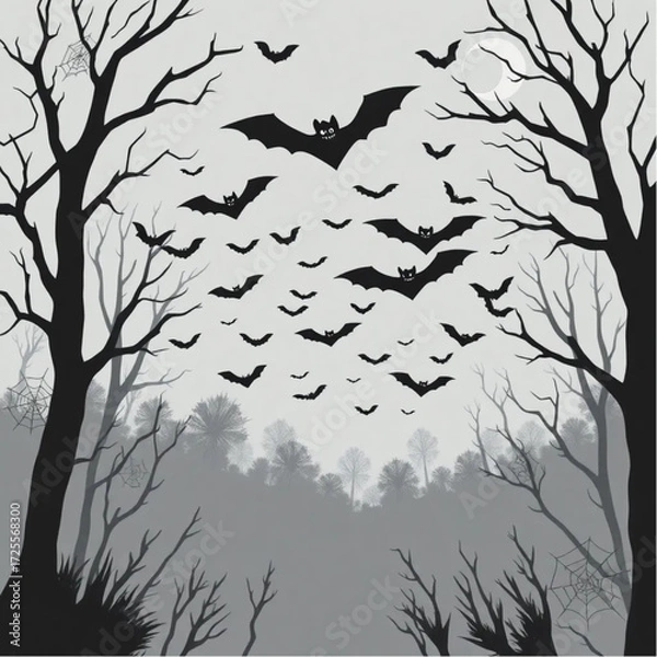 Fototapeta A bat swarm emerging from the fog in a creepy forest surrounded by spider webs.