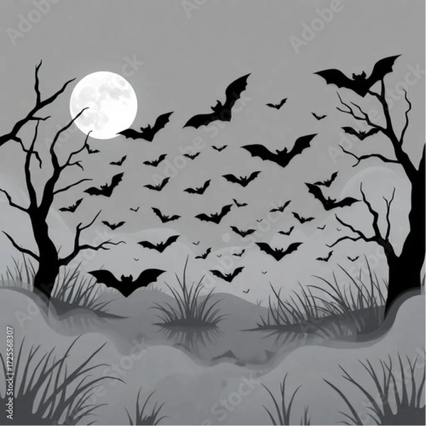 Fototapeta A bat swarm dancing under the moonlight in a moonlit swamp surrounded by swirling mist.