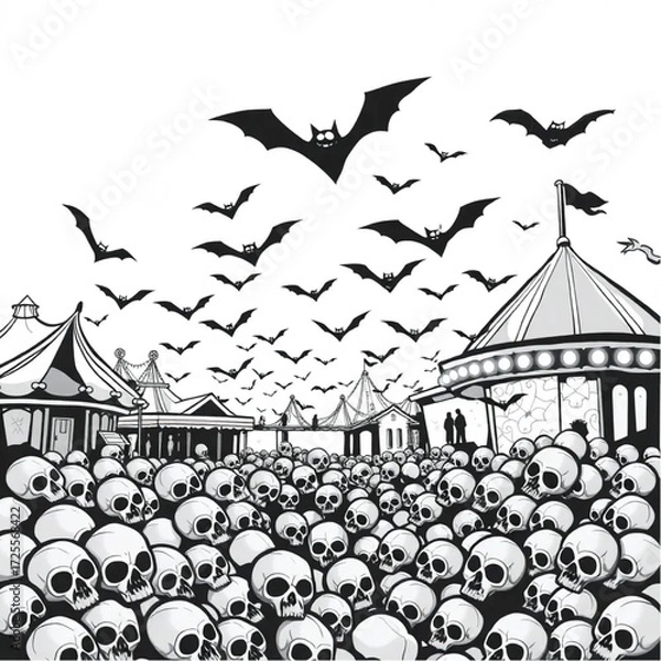 Fototapeta A bat swarm dancing under the moonlight in a haunted amusement park surrounded by pile of skulls.