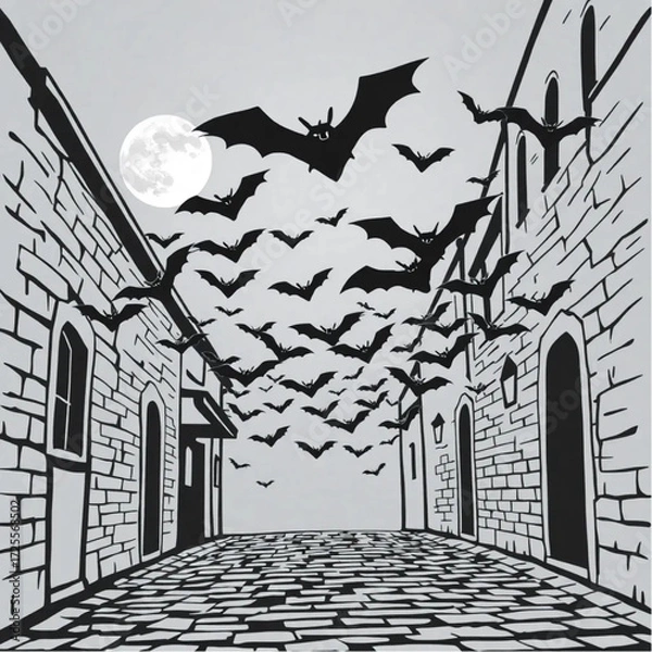 Fototapeta A bat swarm dancing under the moonlight in a cobblestone alley surrounded by blood-stained moon.