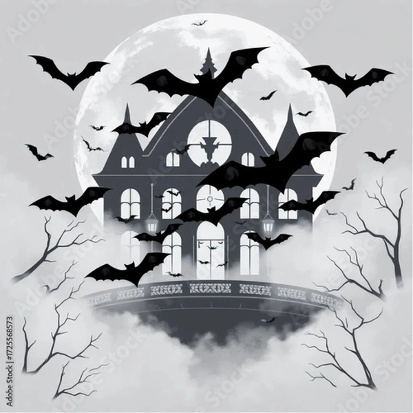 Fototapeta A bat swarm chasing through the mist in a decaying opera house surrounded by blood-stained moon.