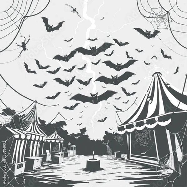 Fototapeta A bat swarm appearing in a sudden flash of lightning in a abandoned carnival surrounded by spider webs.