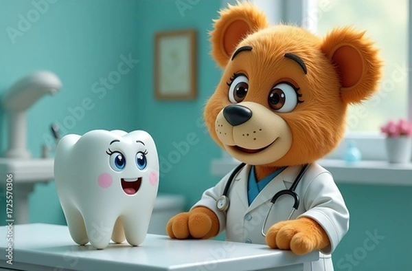 Fototapeta Cartoon tooth figurine with eyes and mouth. They are sitting on the floor and talking. Tooth and bear are smiling. The concept of pediatric dentistry. Dental services for children. dental treatment.