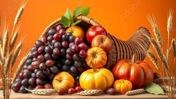 Fototapeta A cornucopia overflowing with fresh fruits and gourds, framed by delicate wheat stalks.