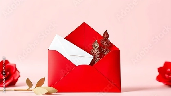 Fototapeta Red envelope with decorative elements, product closeup on minimalist background.