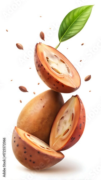 Fototapeta Creative arrangement of cut Mammee apples with a green leaf on a white background