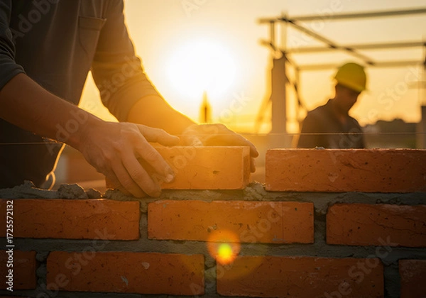 Fototapeta A bricklayer lays bricks in the wall at sunset, showcasing construction expertise