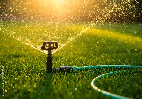 Fototapeta Sprinkler system watering a green lawn with a golden sunlight in the background
