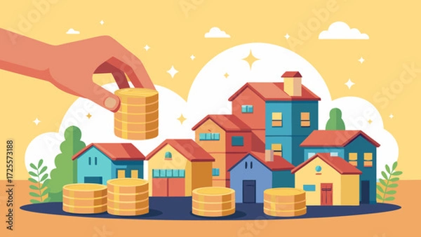 Obraz Hand placing coins on stacks in front of colorful houses