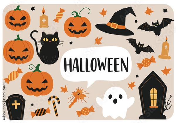 Fototapeta Vector art of a whimsical Halloween scene featuring a witche hat, broom, black cat, spell book, and bubbling cauldron, alongside potion bottles and a playful ghost, all set against a dark backdrop, cr