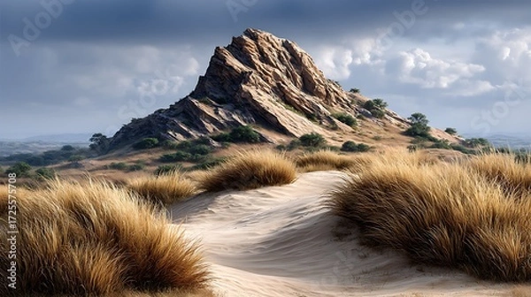 Obraz In the harsh light of midday, towering dunes stand as silent sentinels in an endless desert of dry, cracked earth and lifeless plains.