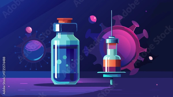 Obraz Vaccine vial and syringe against a stylized coronavirus background