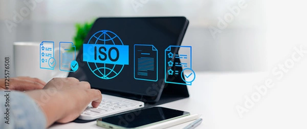 Fototapeta ISO Certification and Quality Management System Concept with Digital Document Icons