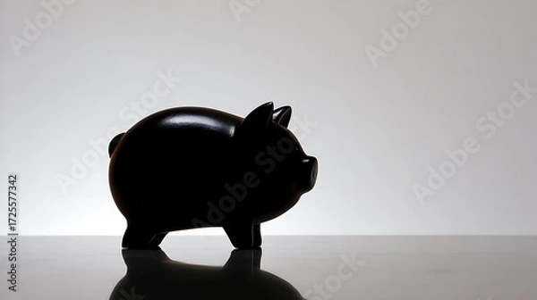 Fototapeta A black piggy bank with a reflective surface, standing on a white table against a white background.