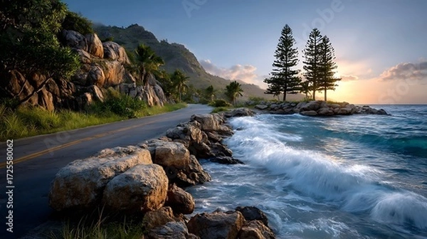 Obraz A coastal road at sunrise, with motion blur softening the waves crashing beside it. The horizon glows pink and gold as the road stretches endlessly forward.