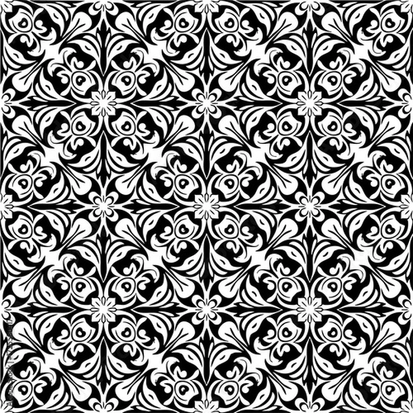 Obraz Seamless Abstract Wave and Circle Pattern – Modern Black and White Decorative Background Seamless Ornamental Swirl and Leaf Pattern – Elegant Black and White Decorative Background