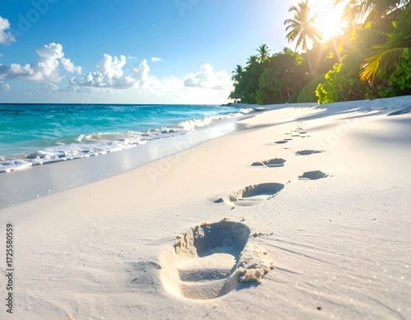 Fototapeta Footprints on a pristine white sandy beach leading to the turquoise ocean, surrounded by tropical palm trees under a bright blue sky. Perfect for travel, vacation, and nature concepts.