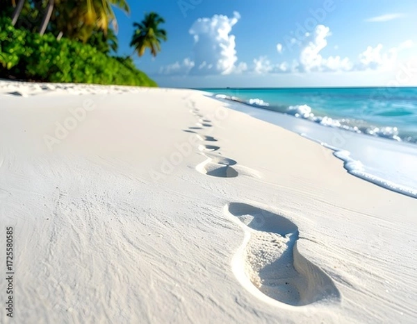 Fototapeta Footprints on a pristine white sandy beach leading to the turquoise ocean, surrounded by tropical palm trees under a bright blue sky. Perfect for travel, vacation, and nature concepts.