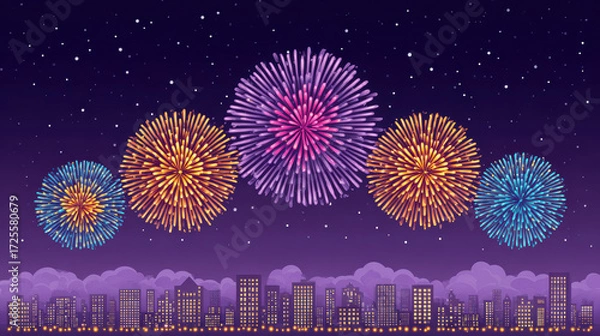 Fototapeta Joyful pixel art illustration of colorful firework celebration over city skyline at night. This festive retro background shows vibrant display in beautiful purple sky